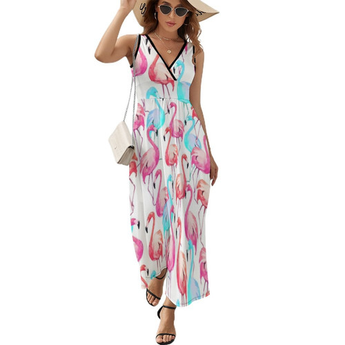 Flamingo Art Dress Stripe and Leaf Print Kawaii Maxi Dress Boho Beach Long Dresses Ladies High Waist Graphic Oversized Vestidos
