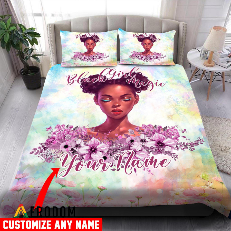 Custom Name Black Girl Bedding Set Gifts for Her Personalized Black Girl Duvet Cover Black King and Queen Bedding Set