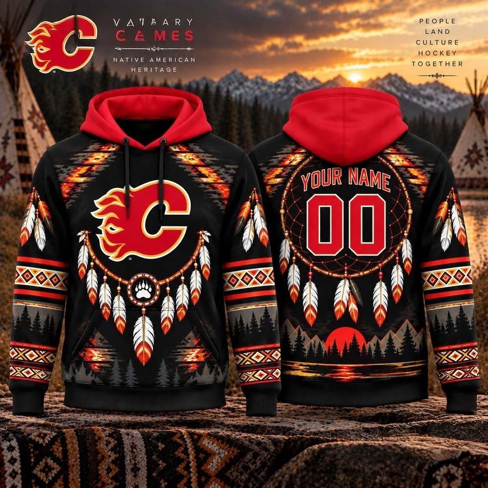 Custom Calgary Flames Merch Flames Hockey Native American Heritage Hoodie Best Gifts
