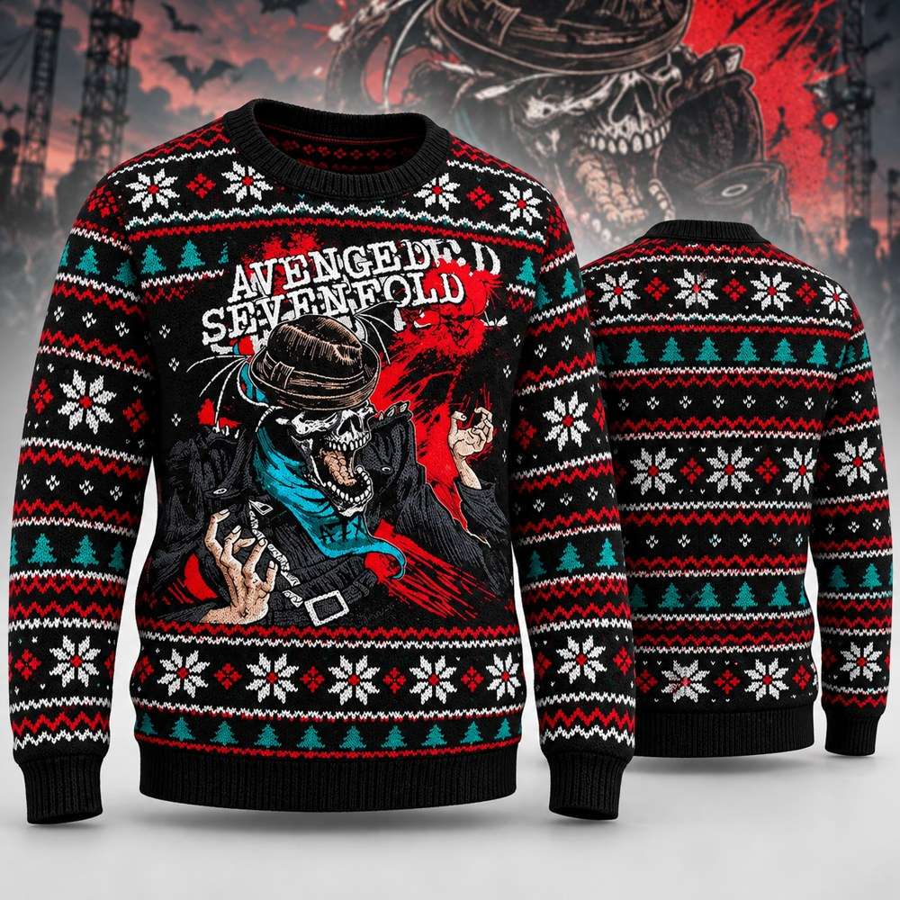 Avenged Sevenfold Merch Hat Wearing Skeleton Ugly Christmas Sweater Gifts For Deathbat