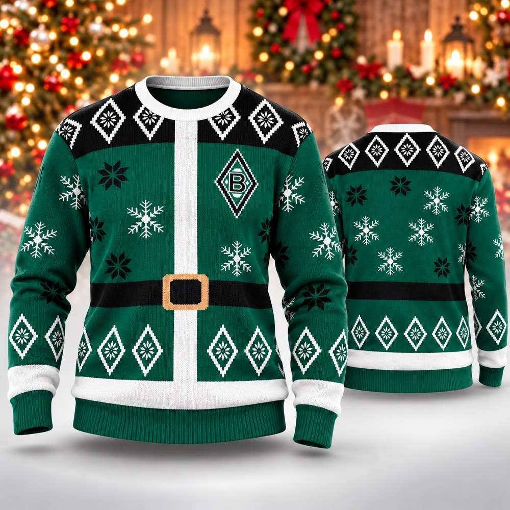 Borussia Monchengladbach Merch Santa Belt Snowflake Ugly Christmas Sweater Winter Apparel
