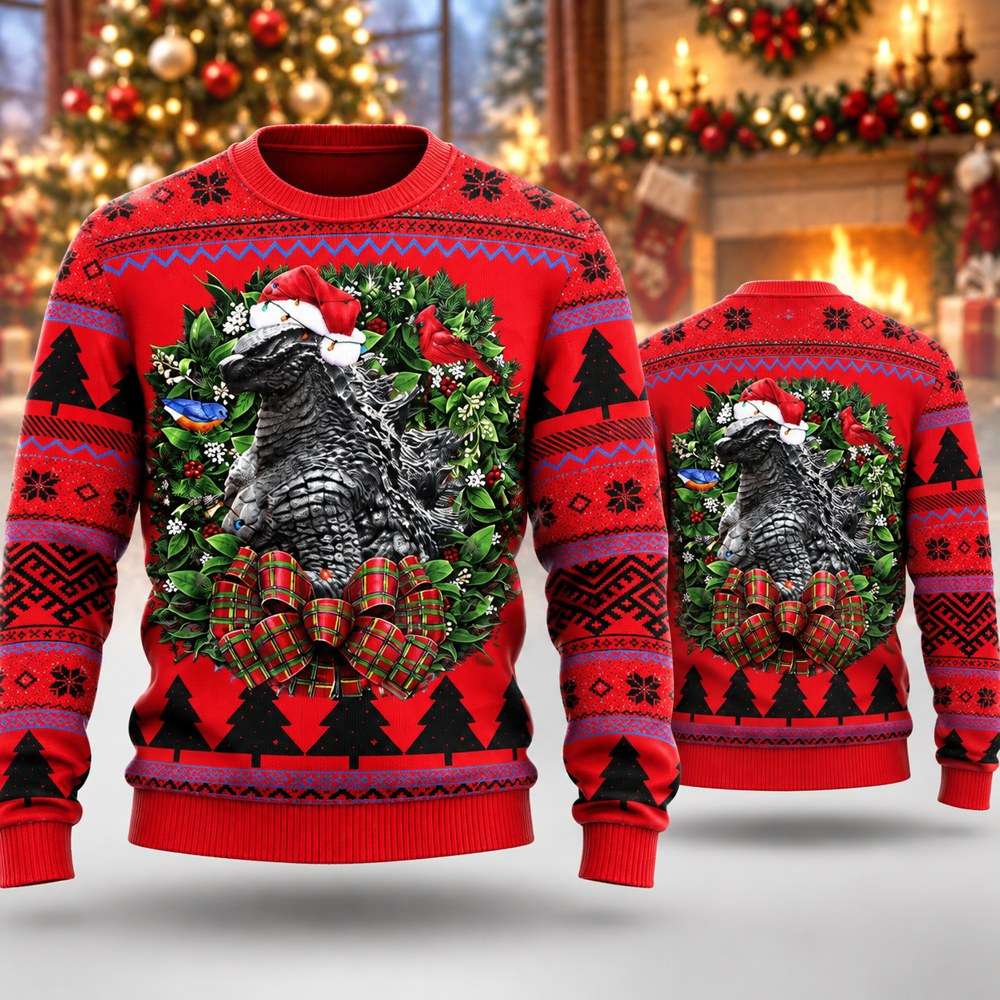 Godzilla Santa Claus Christmas Wreath Red Ugly Christmas Sweater Xmas Sweater Best Gifts