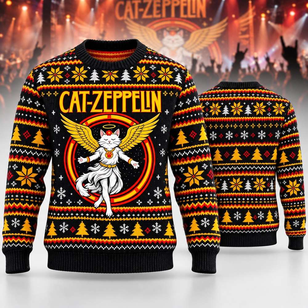 Led Zeppelin Merch Parody Cat Zeppelin Fair Isle Ugly Christmas Sweater Led Zeppelin Fans Gifts