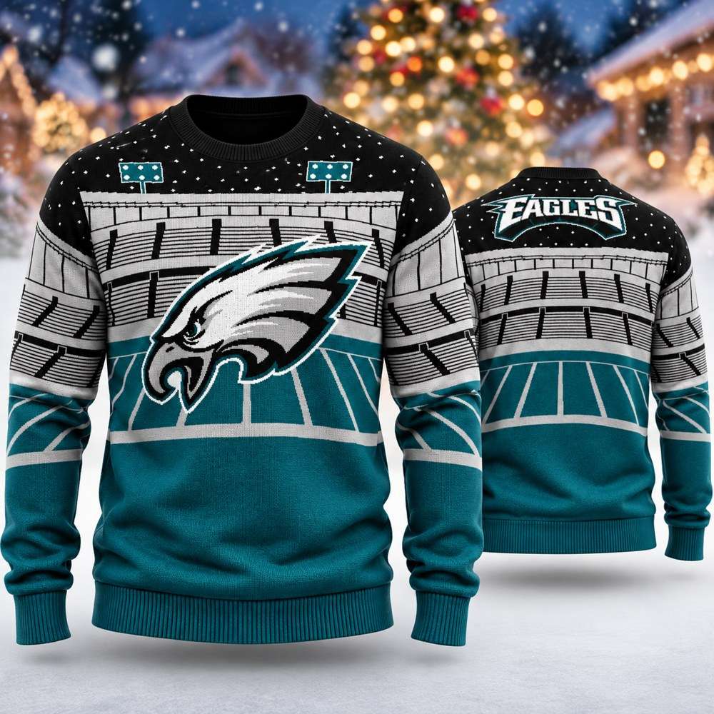 Philadelphia Eagles Merch Eagles Mascot Head Stadium Bowl Ugly Christmas Sweater Best Gifts