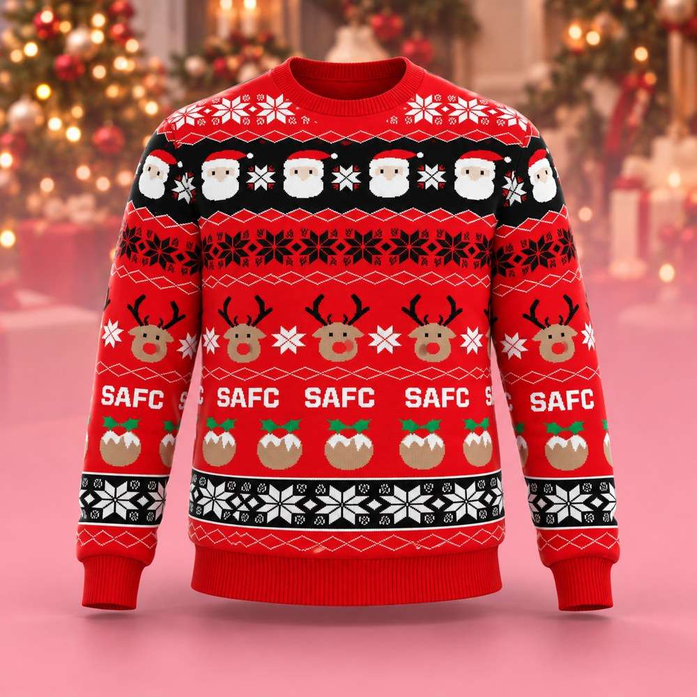 Sunderland AFC Merch The Black Cats Santa Claus Reindeer Fairisle Ugly Christmas Sweater