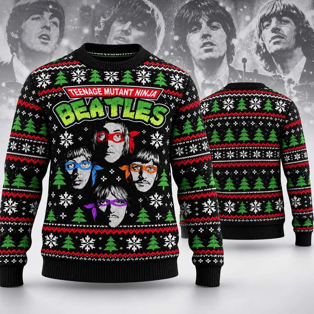 The Beatles Merch Parody Teenage Mutant Ninja Beatles Masked Portraits Ugly Christmas Sweater