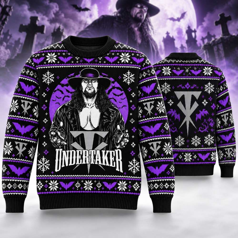 Undertaker Merch Purple Moon Bats Portrait Ugly Christmas Sweater Undertaker Fans Gifts