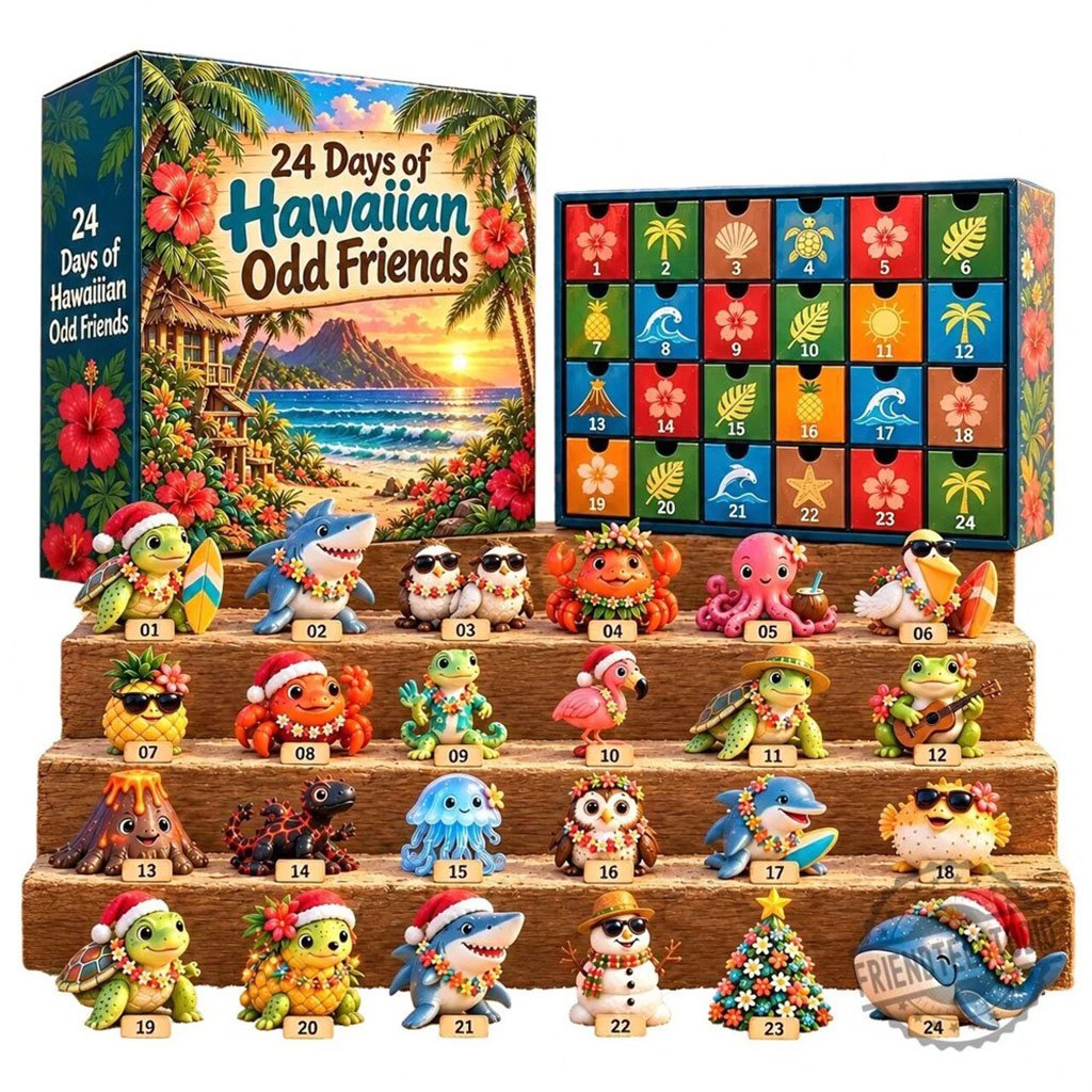 Hawaiian Odd Friends Advent Calendar Tropical Christmas Countdown Box Holiday Ornament Gifts