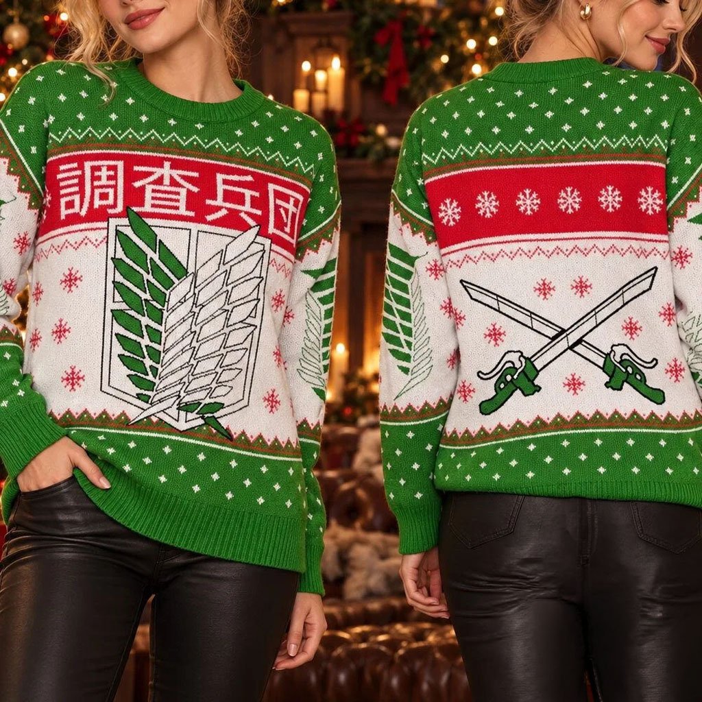 Attack On Titan Kanji And Swords Ugly Christmas Sweater Attack On Titan Merch Anime Fan Gifts