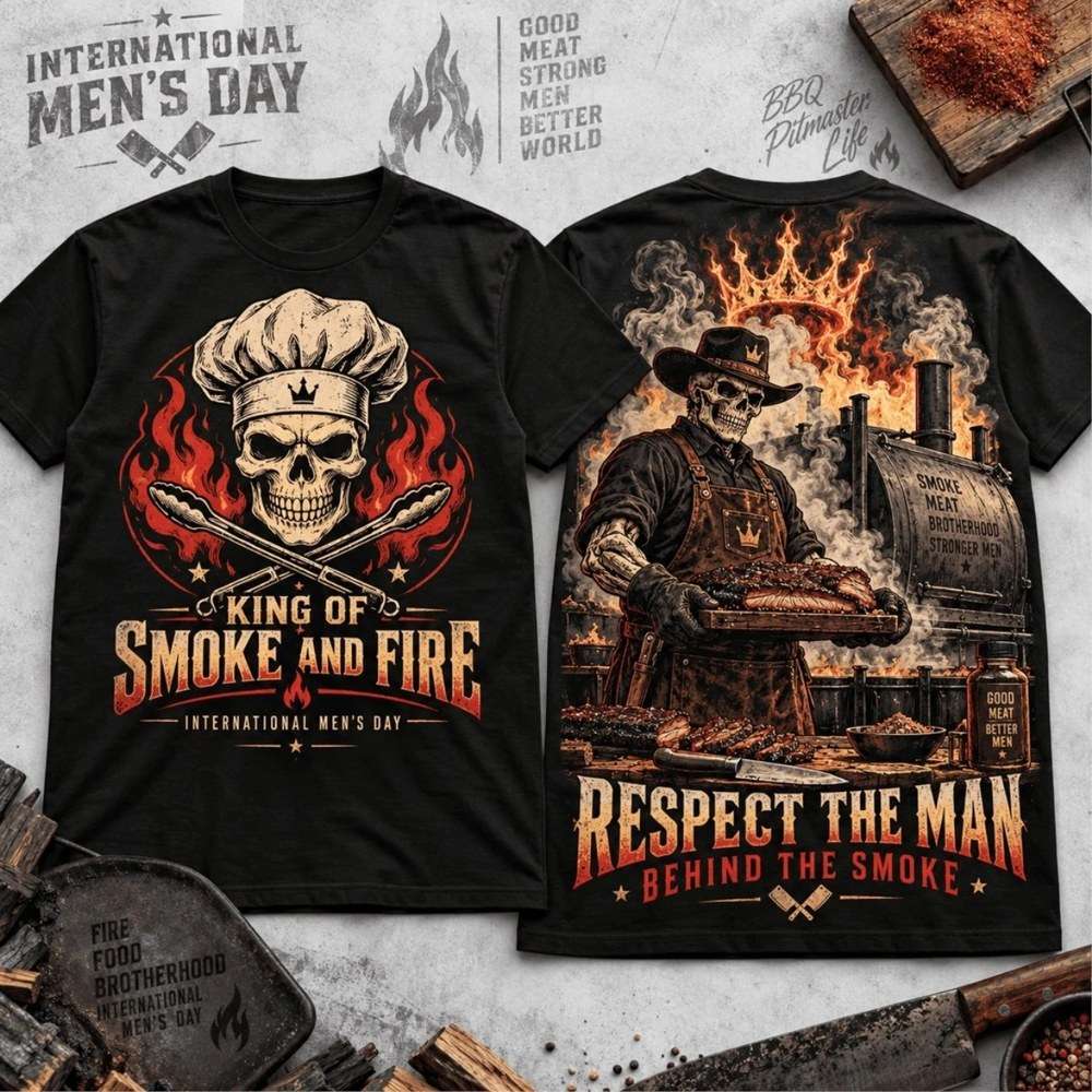 Skeleton BBQ Pitmaster King Of Smoke And Fire International Men’s Day Shirt Gifts For Chef