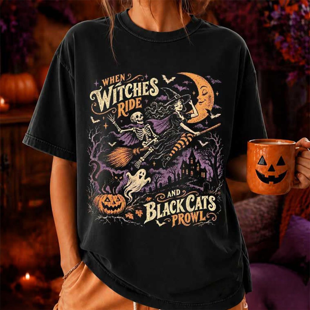 When Witches Ride Black Cats Prowl Halloween Vintage T-Shirt Witch Outfits Gift For Her