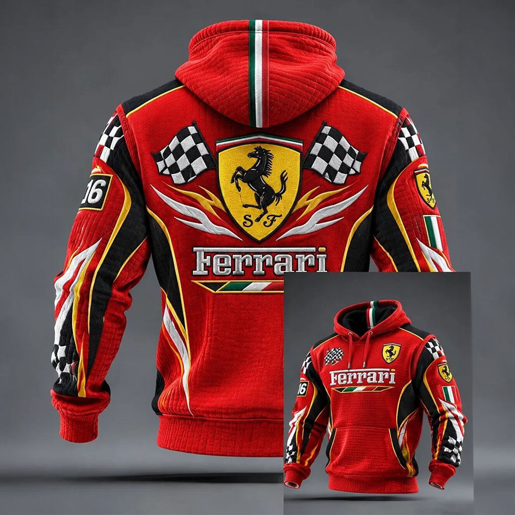 Ferrari Racing Team Checkered Flag Red Design Hoodie Ferrari Merch Gift For Brothers