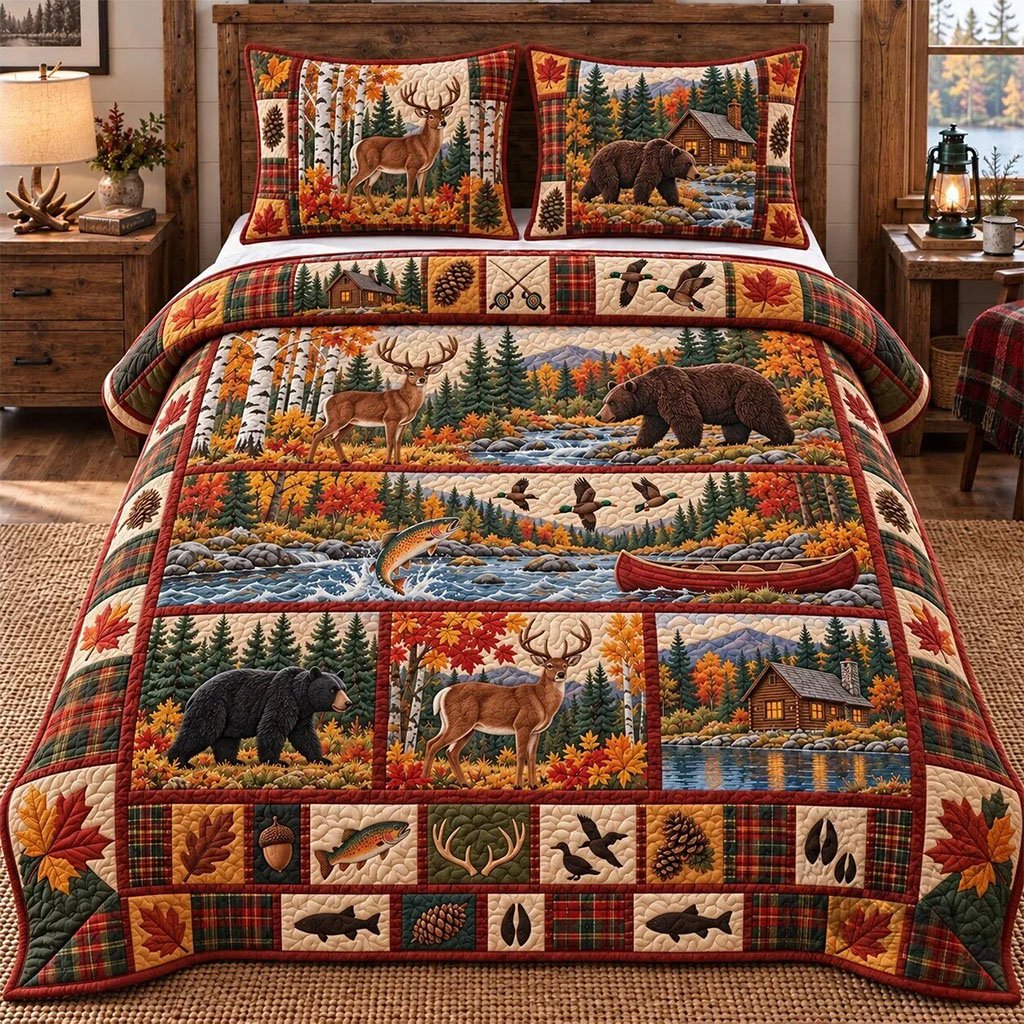 Rustic Hunting And Fishing Patchwork Quilted Bedding Set Autumn Home Decor Gift For Dad
