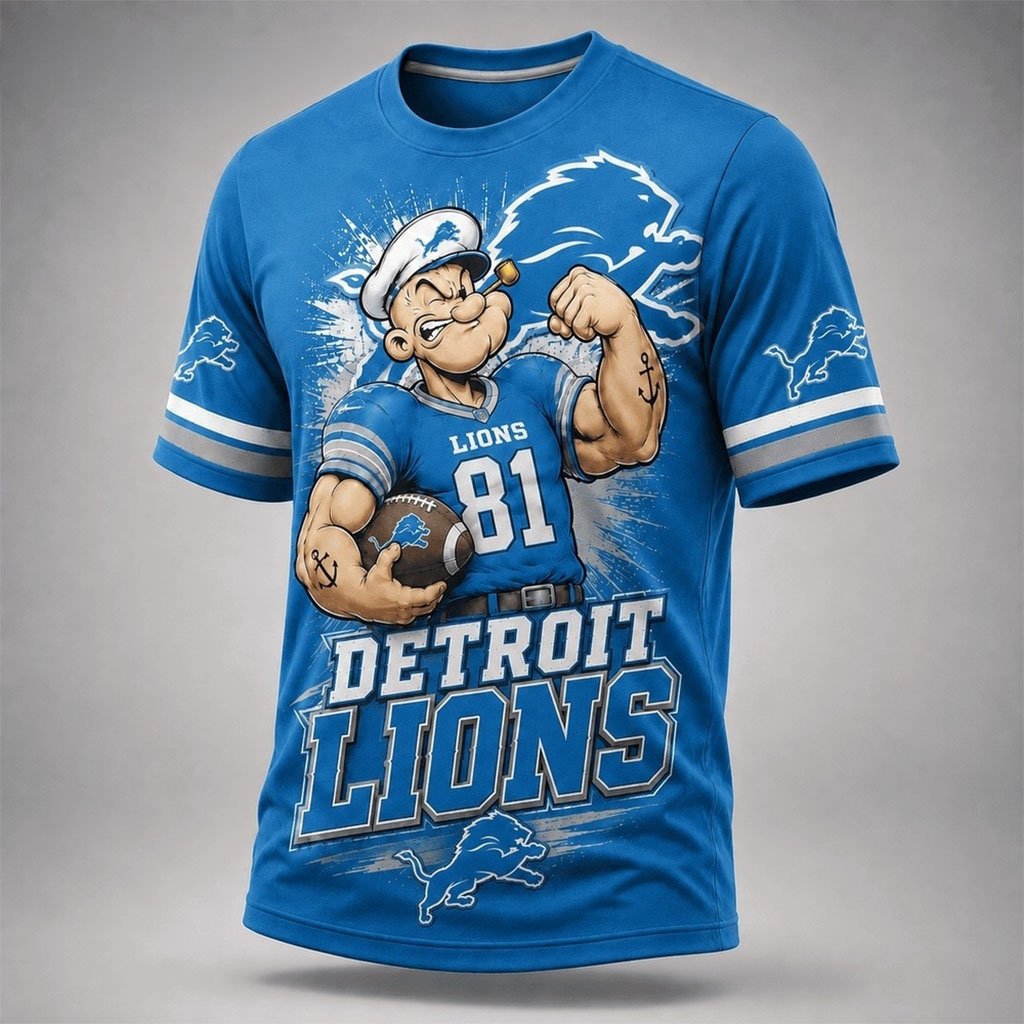 Detroit Lions Popeye Bold Cartoon Athletes T-Shirt Lions Merch Detroit Football Clothing Blue