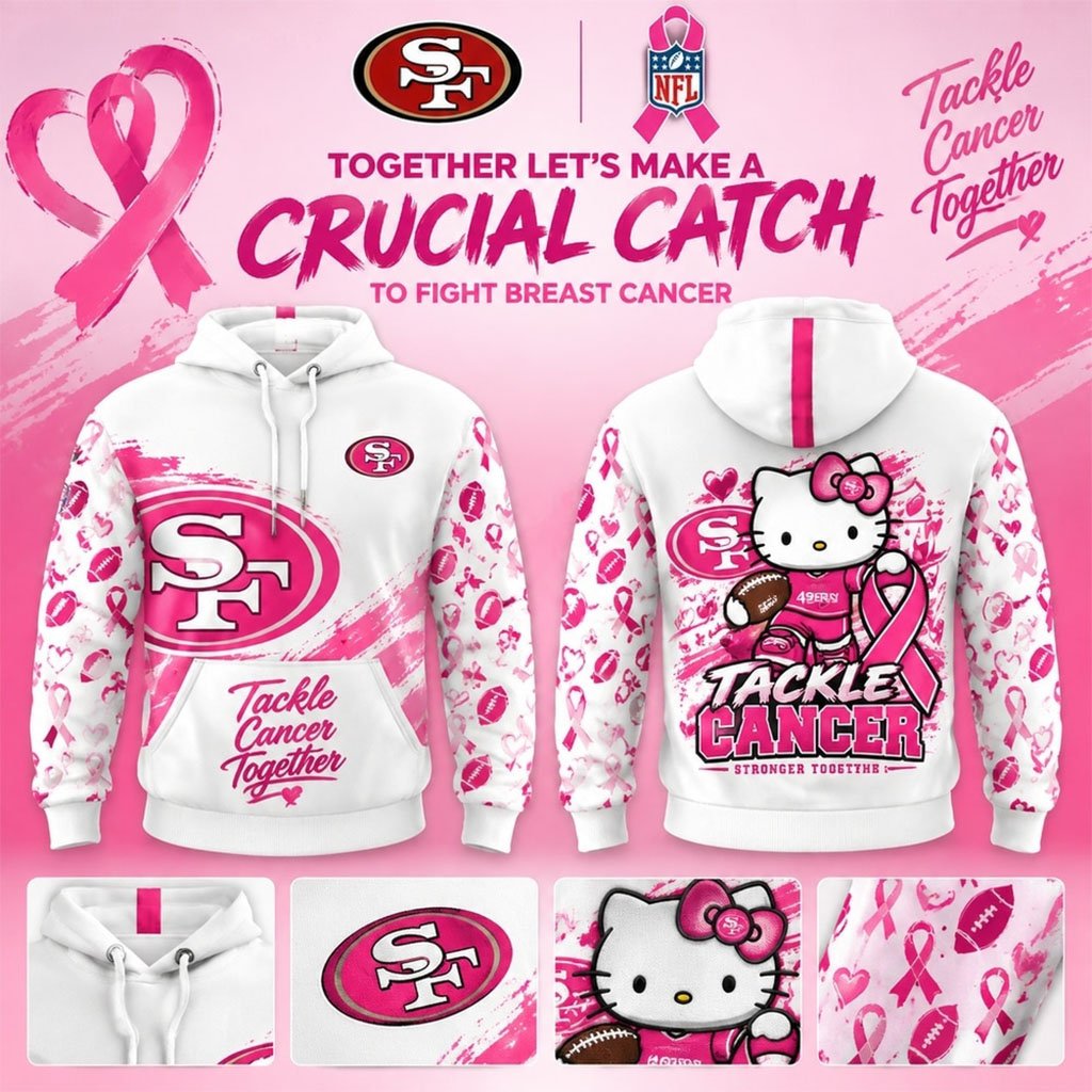 San Francisco 49ers Merch Breast Cancer Awareness x Hello Kitty Tackle Cancer Together Hoodie