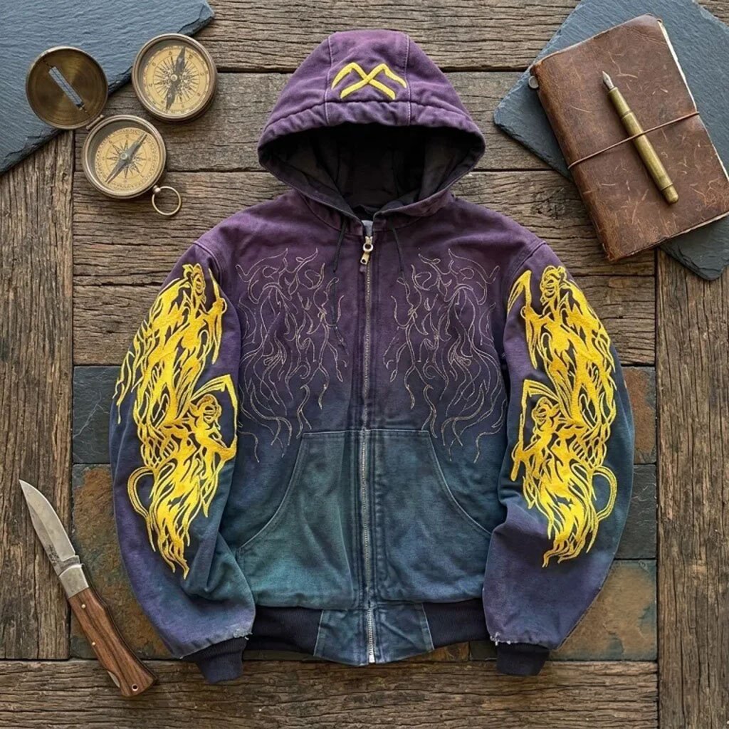 Serenity Destroyed Carhartt Zip Hoodie Tribal Flame Graphic Purple Blue Gradient Apparel Gifts