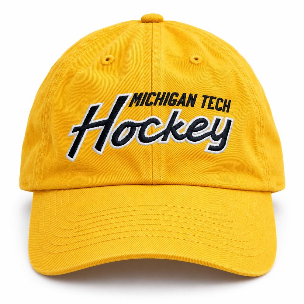 2026 Michigan Tech Huskies Hockey Yellow Dad Hat Embroidered Michigan Tech Huskies Merch Gifts
