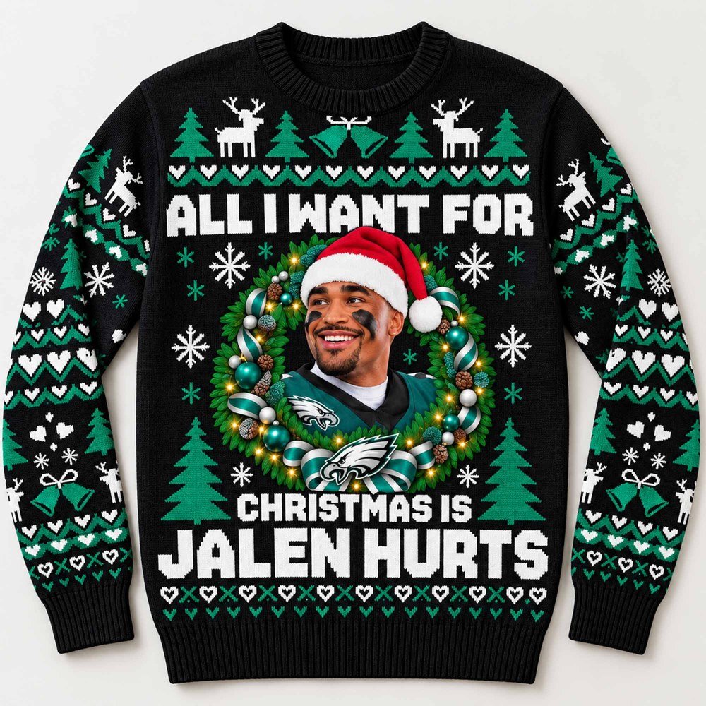 Jalen Hurts All I Want For Christmas Is Ugly Holiday Sweater Xmas Party Clothes Eagles Merch