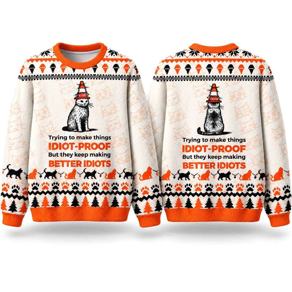 Trying To Make Things Idiot Proof Better Idiots Cat Ugly Xmas Sweater Festive Clothing Gifts Idea