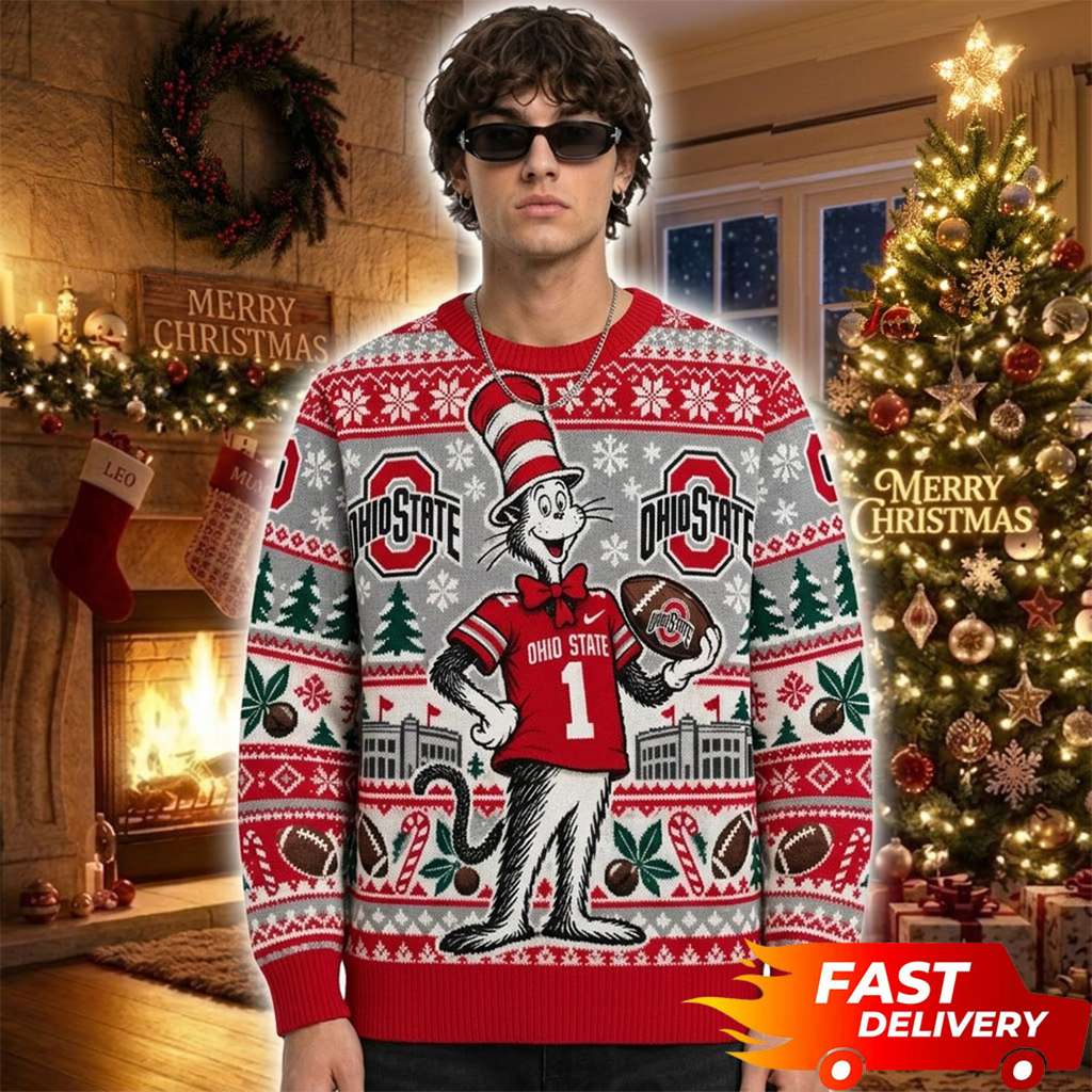 The Cat In The Hat x Ohio State Buckeyes Merch Xmas Ugly Sweater Xmas Outfit Gifts For Game Day