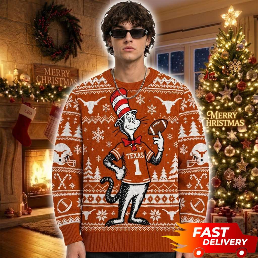 The Cat In The Hat x Texas Longhorns Merch Xmas Ugly Sweater Xmas Outfit Gifts For Game Day