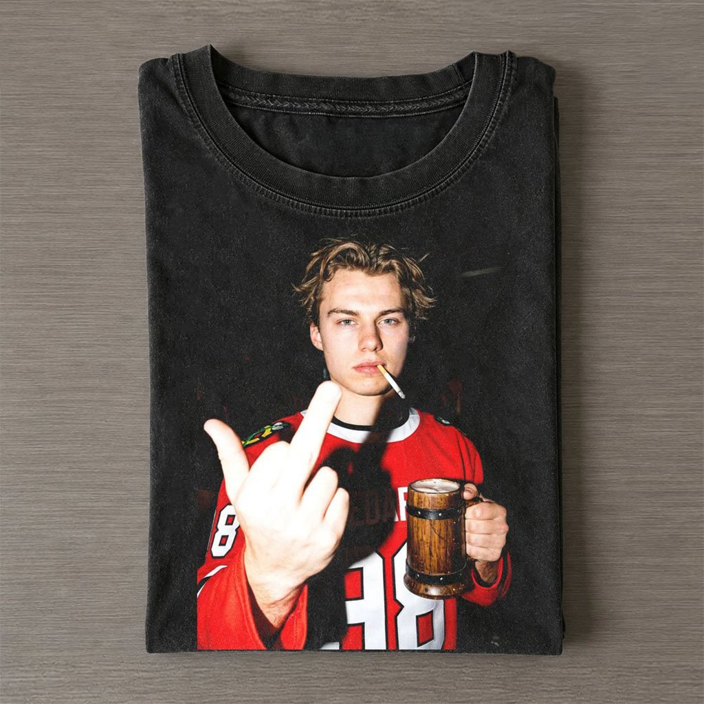 Chicago Blackhawks Connor Bedard Drinking Beer and Middle Finger Shirt Gift For Hockey Fans