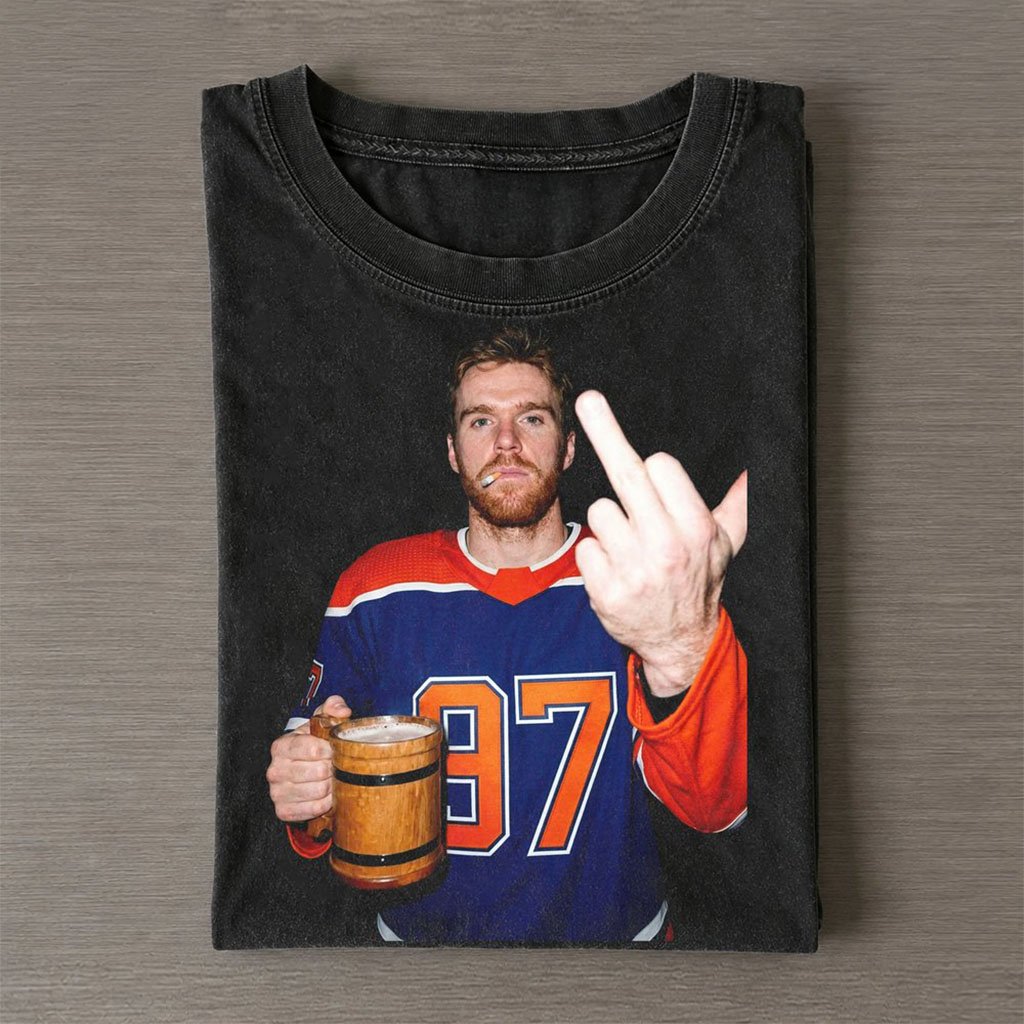 Edmonton Oilers Connor McDavid Drinking Beer and Middle Finger T-Shirt Funny Meme Tee Gifts