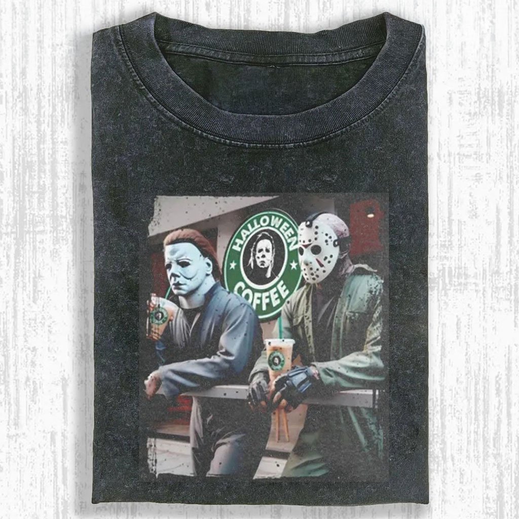 Michael Myers And Jason Coffee Break T-Shirt Funny Meme Tee Gift For Horror Lovers