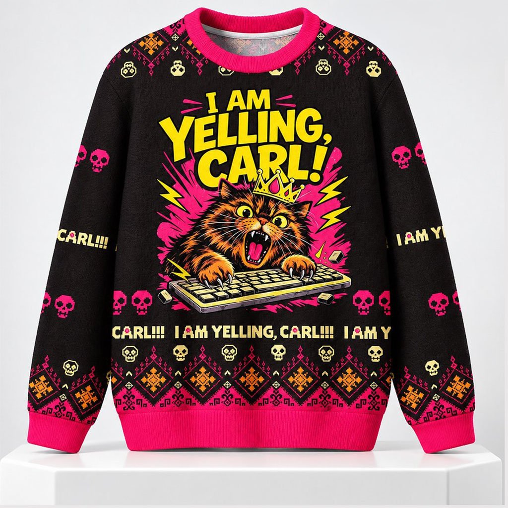 I Am Yelling Carl Cat Christmas Ugly Sweater 2026 Princess Donut Xmas Jumper Gift For Bookish