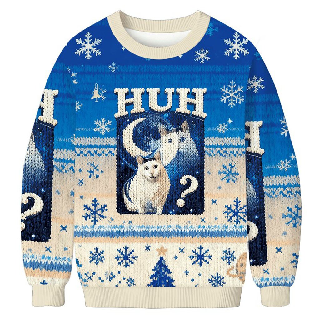 Huh Cat Funny Dank Meme Moon Christmas Ugly Sweater Humorous Xmas Jumper Gift For Cat Lovers