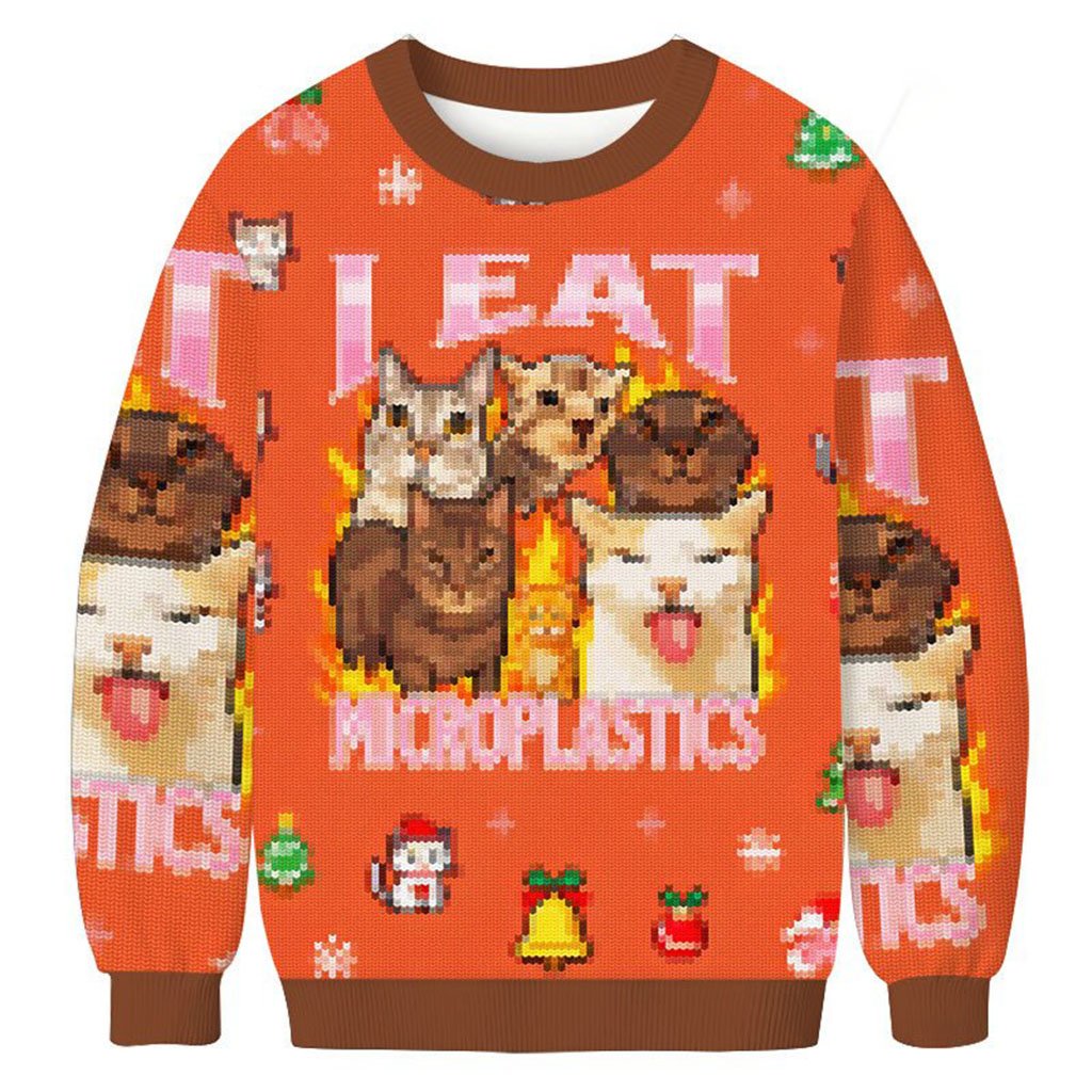 Cat I Eat Microplastics Christmas Ugly Sweater Funny Cat Meme Xmas Jumper Holiday Gifts