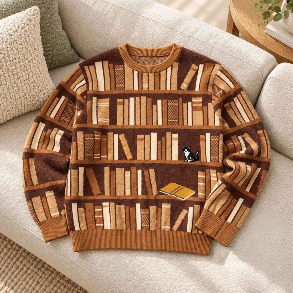 Bookshelf Pattern Sweater Library Bookshelf Jumper Christmas Gift For Bookish