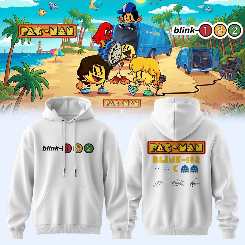 Blink 182 X PAC-MAN 2026 Signature Hoodie White Blink 182 Merch Gift For Rock Band Fans