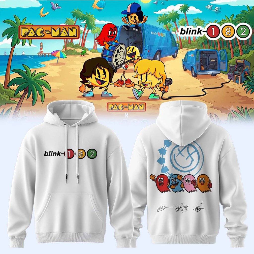 Blink 182 X PAC-MAN Hoodie White Signature Blink 182 Merch Gift For Music Lovers