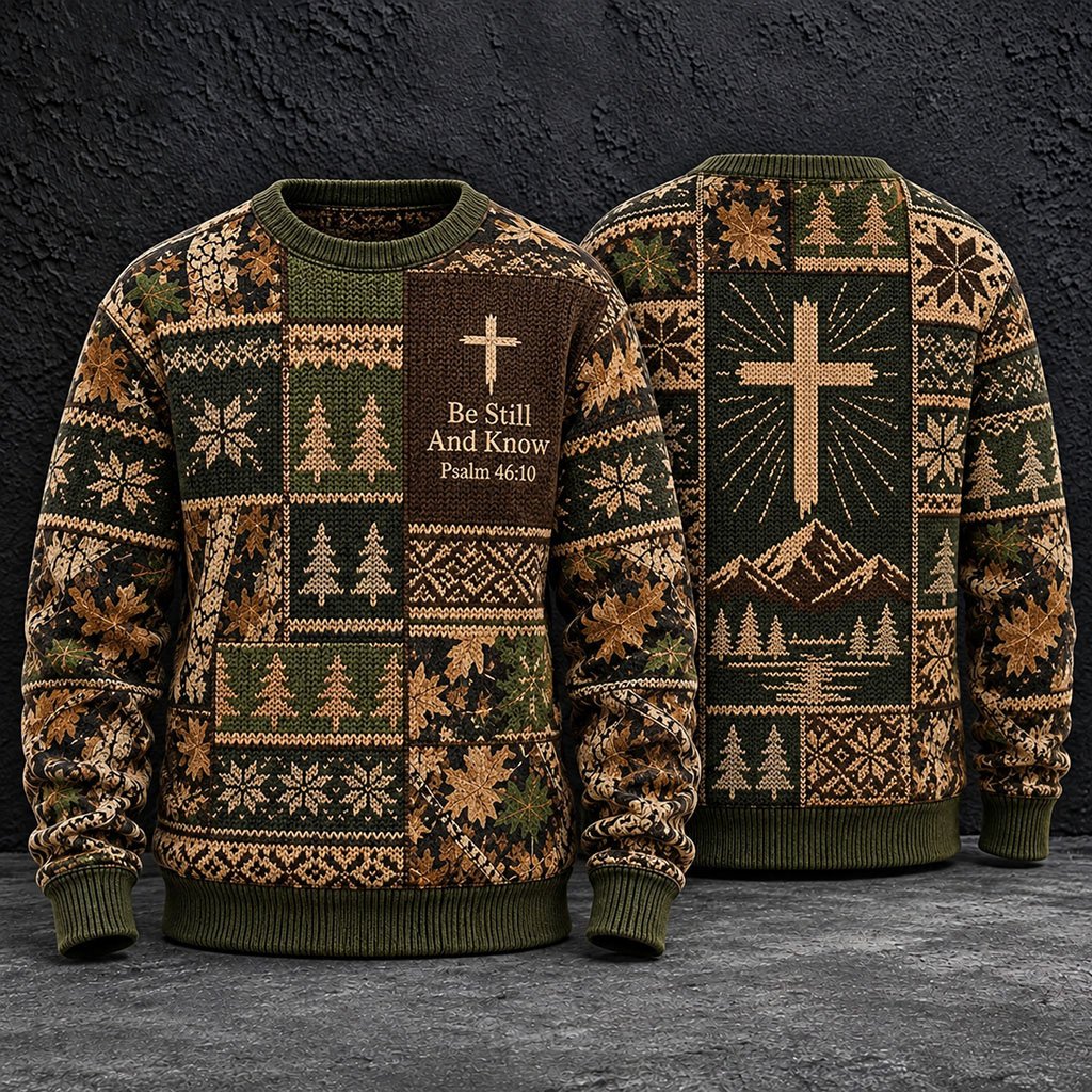 Be Still And Know Psalm 4610 Camo Christian Ugly Christmas Sweater Bible Verse Clothing Gifts