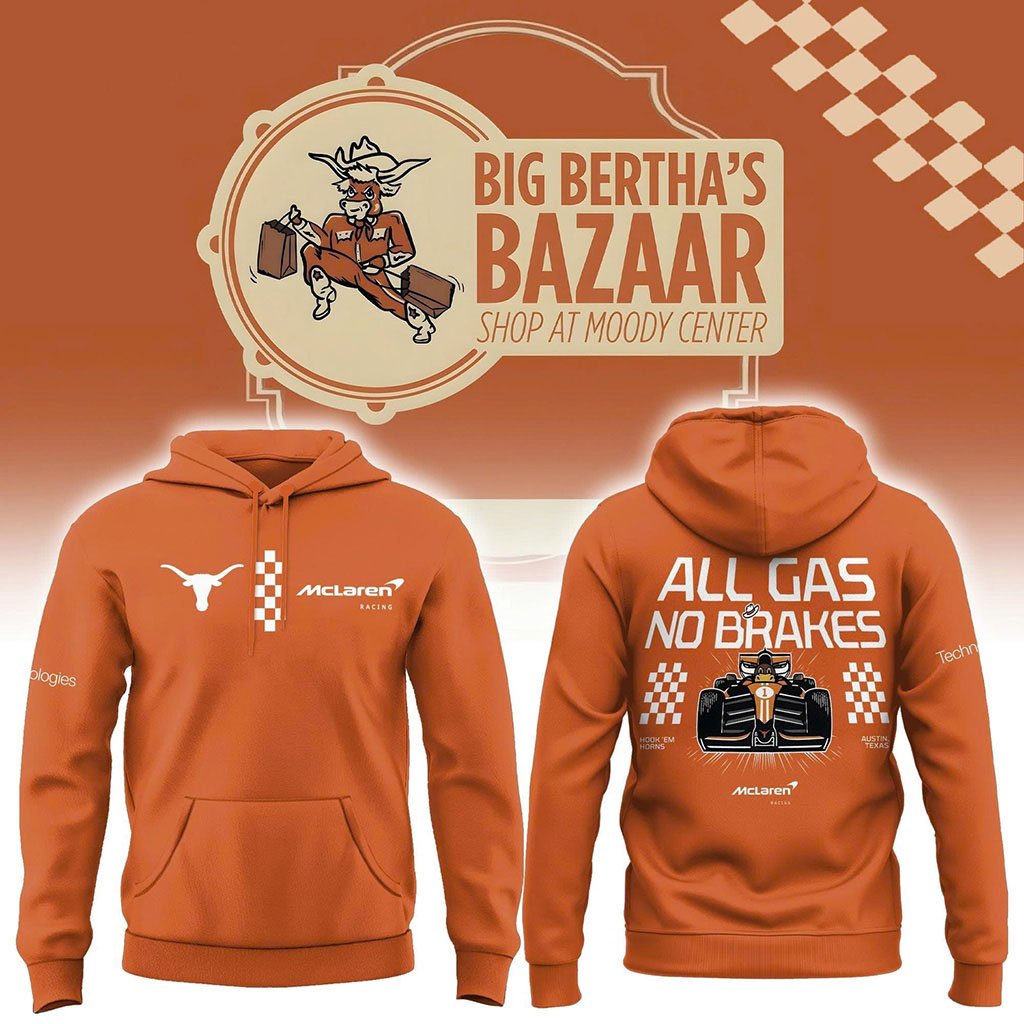 Texas Longhorns X Mclaren Hook em Horns Orange Hoodie Longhorns Merch All Gas No Brakes Hoodie