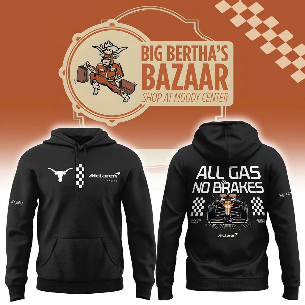 Texas Longhorns X Mclaren Hook em Horns Black Hoodie Longhorns Merch All Gas No Brakes Hoodie