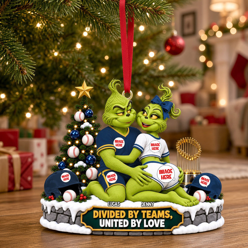 Custom Photo Grinch Couple Rival Teams Christmas Ornament Gift For Baseball Fans