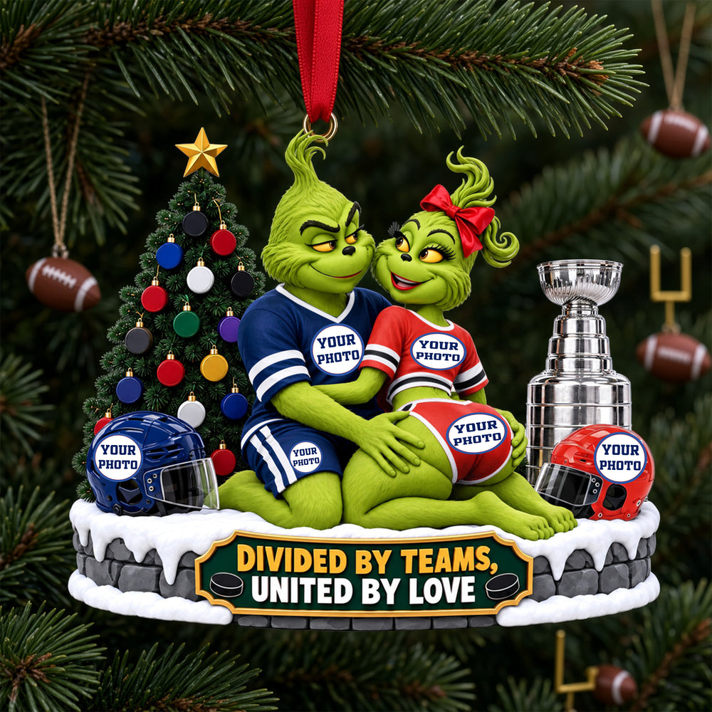 Custom Photo Grinch Couple Rival Teams Christmas Ornament Present For Football Fans