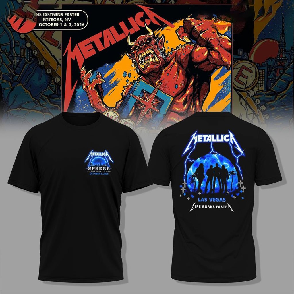 Metallica Life Burns Faster Las Vegas Tour 2026 T-Shirt Black Metallica Sphere Merch Fan Gear