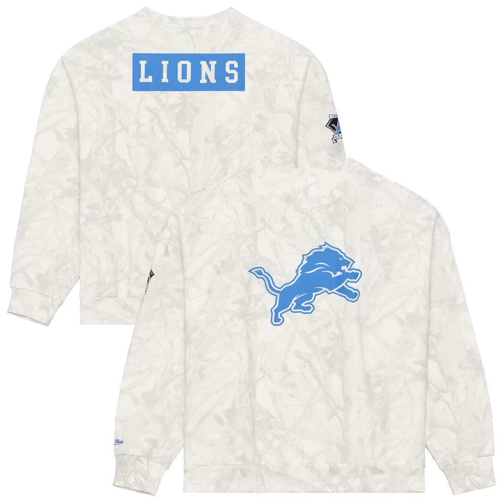 Detroit Lions Merch 2026 Mitchell And Ness Detroit Lions Ghosted Crewneck Sweatshirt Fan Gear