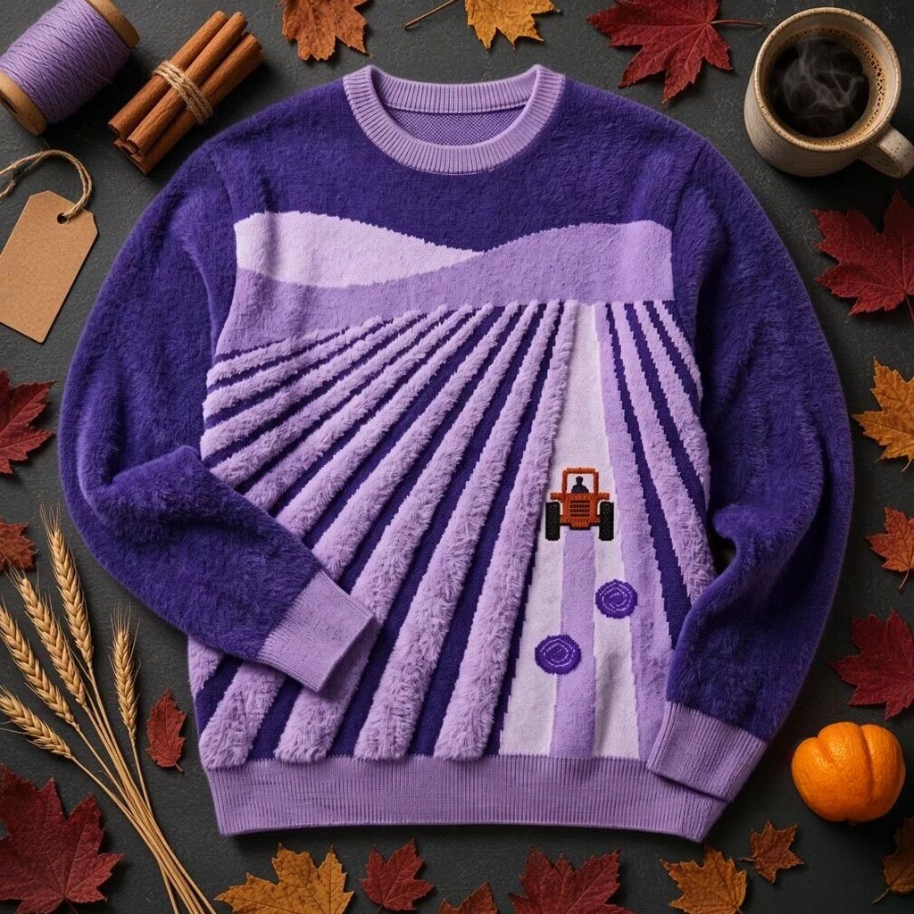 Farm Tractor Field Graphic Ugly Sweater Lavender Field Landscape Jumper Gift For Friends