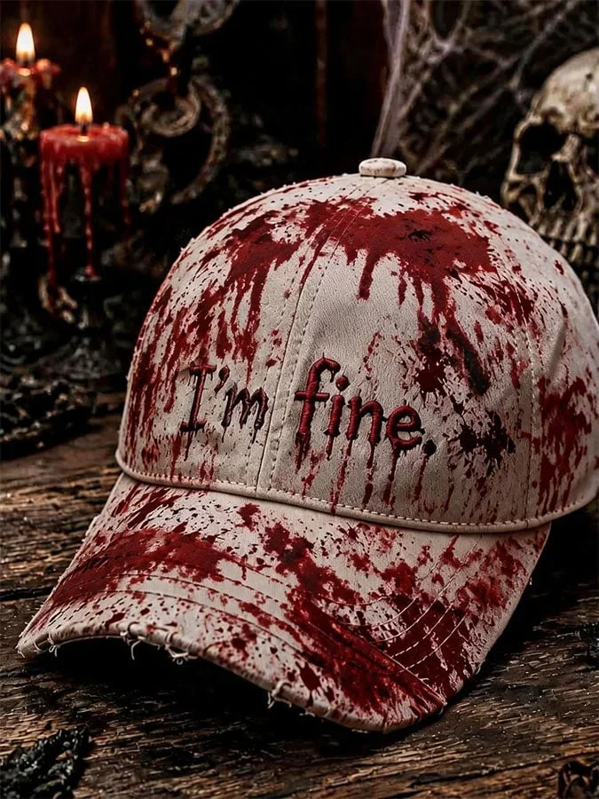 I'm Fine Bloody Pattern Haunted Halloween Hat Spooky Halloween Baseball Cap Holiday Gift Ideas