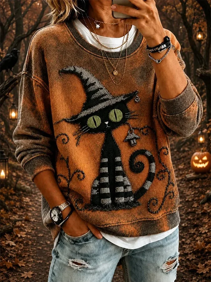 Spooky Black Cat Halloween Sweatshirt Halloween Clothing Holiday Gift For Wife