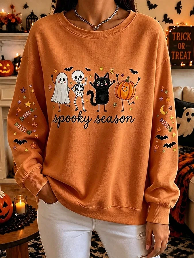 Spooky Season Sweatshirt Cute Ghost Black Cat Clothing Halloween Gifts For Her