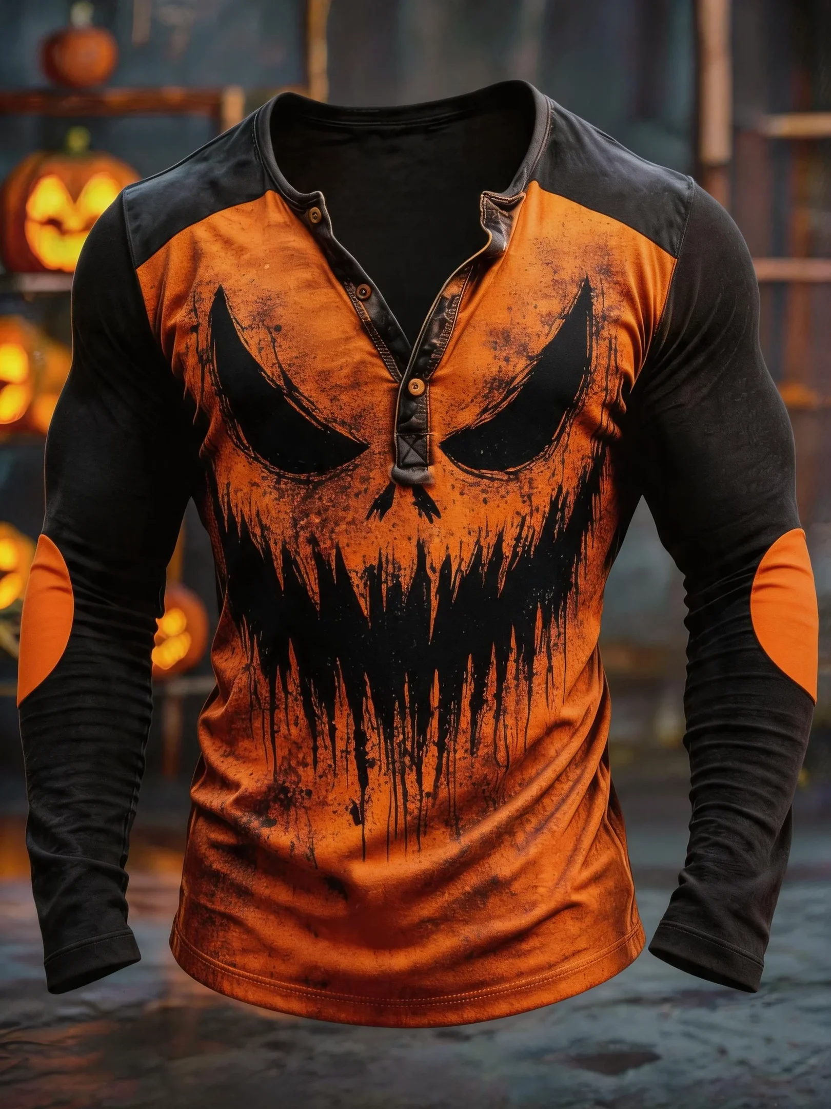 Spooky Jack O Lantern Smiling Art Button Long Sleeve Shirt Haunted Halloween Apparel Gift Idea