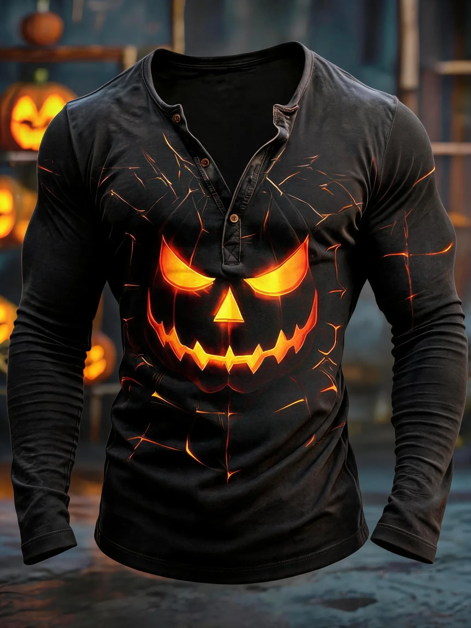 Jack O Lantern Spooky Pumpkin Art Button Long Sleeve Shirt Halloween Clothing Gift For Him