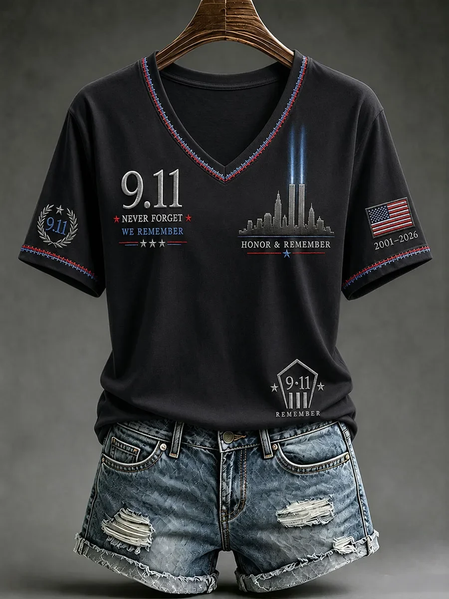 9 11 25th Anniversary Never Forget V-Neck Shirt Patriotic Gift For Girlfriend