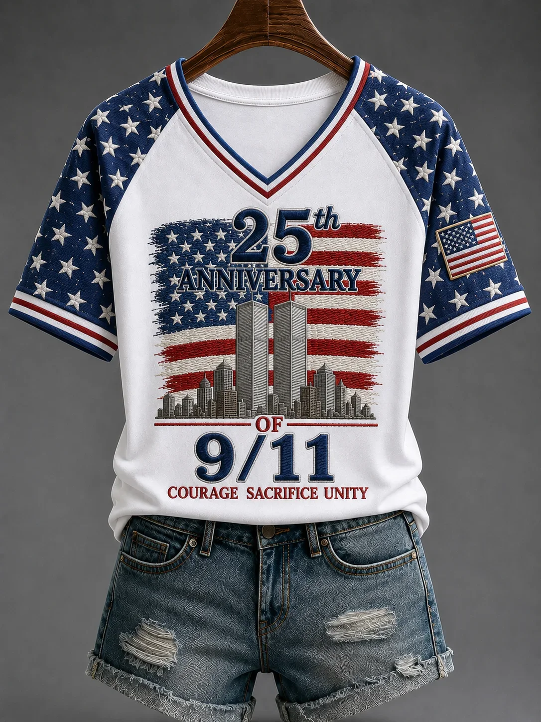 9 11 25th Anniversary Never Forget Stars V-Neck Shirt 9 11 Clothing Patriotic Gift For Wife