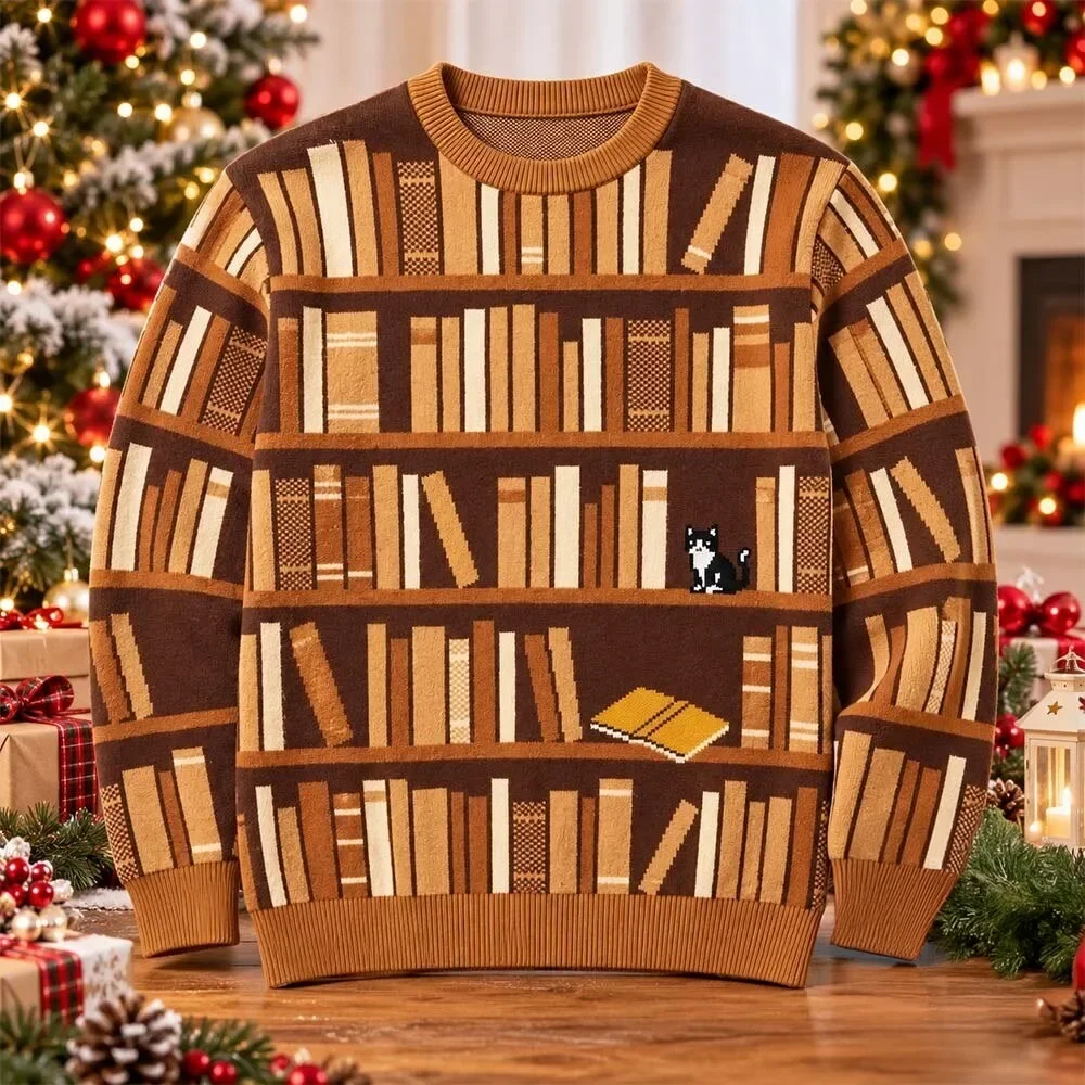 Book Lovers Bookshelf And Cat Christmas Sweater Xmas Gifts For Bookworms